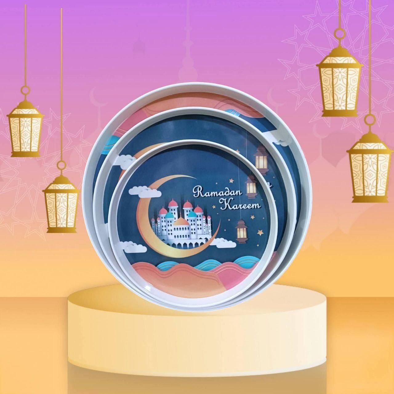 طقم صواني تقديم رمضان للديكور بتصميم مسجد إسلامي، 3 قطع
